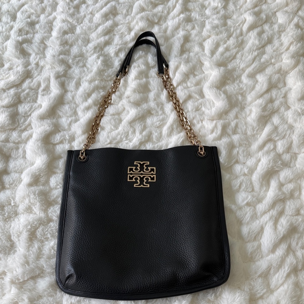 Tory Burch Black Pebbled Leather Tote with Gold Logo & Chain Straps